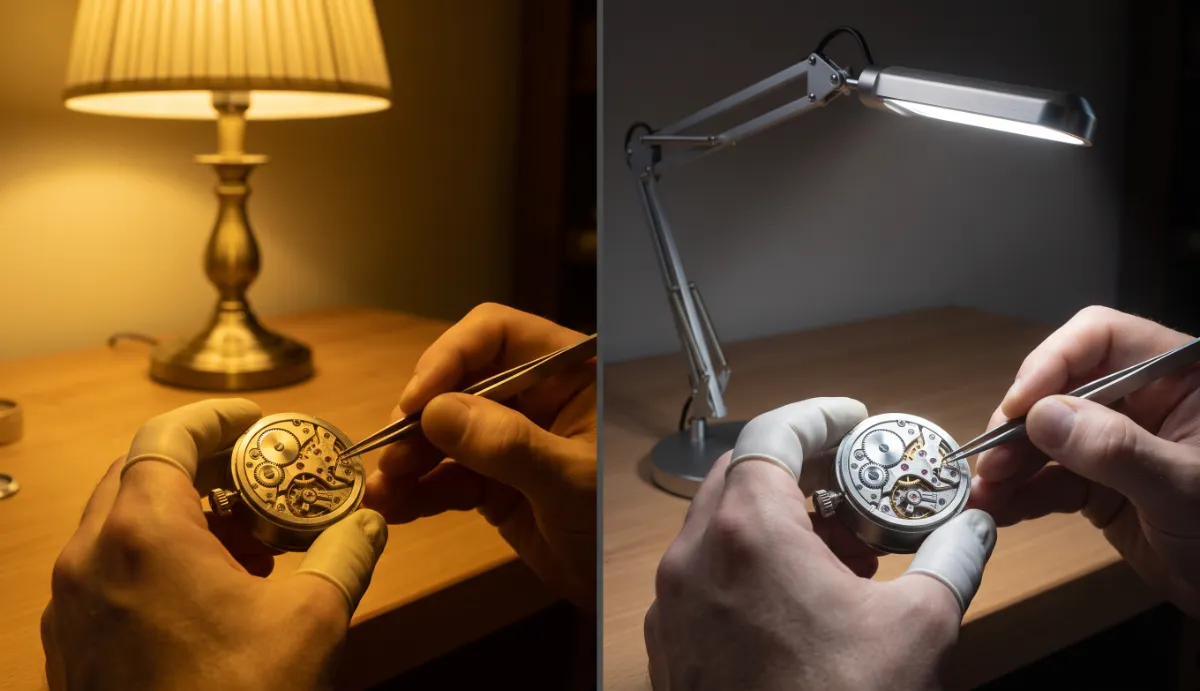 Fine print compared under ambient light and focused task light