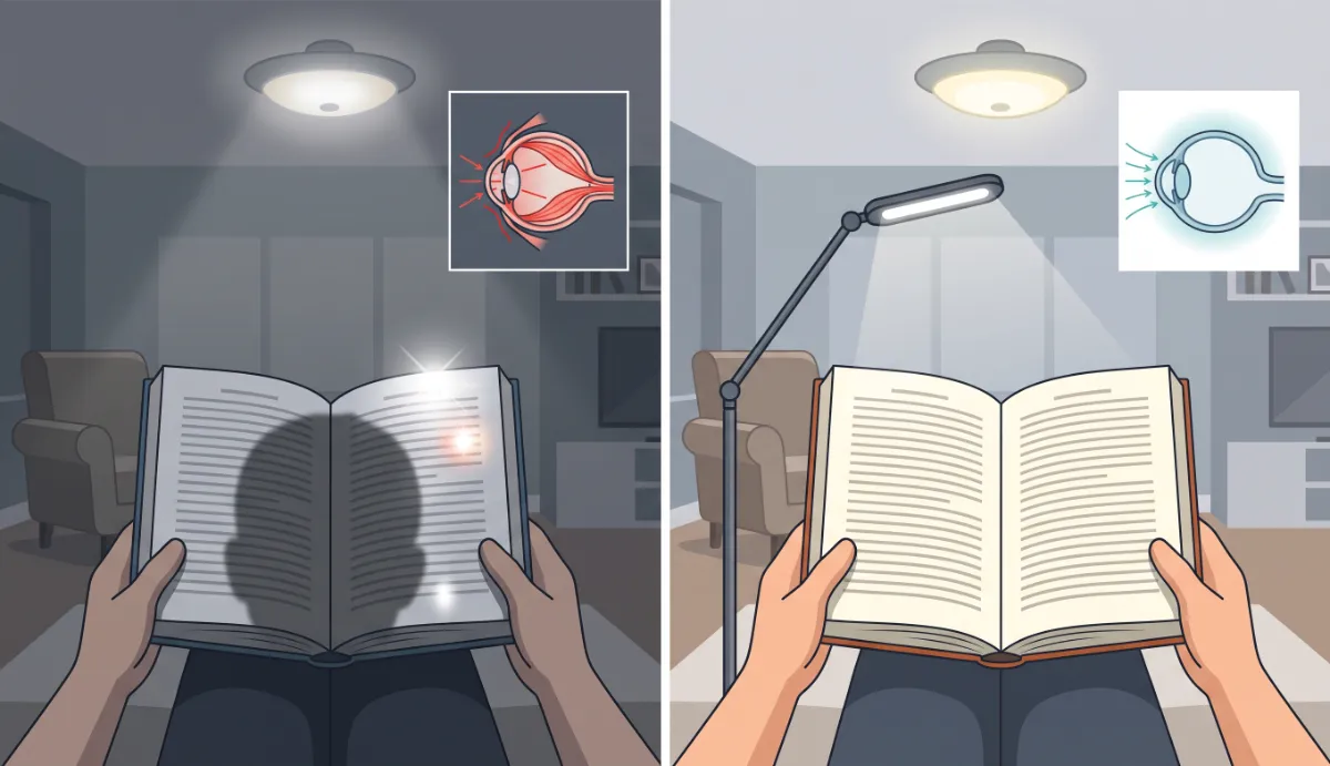 The same page read under ordinary room light and under a focused daylight lamp